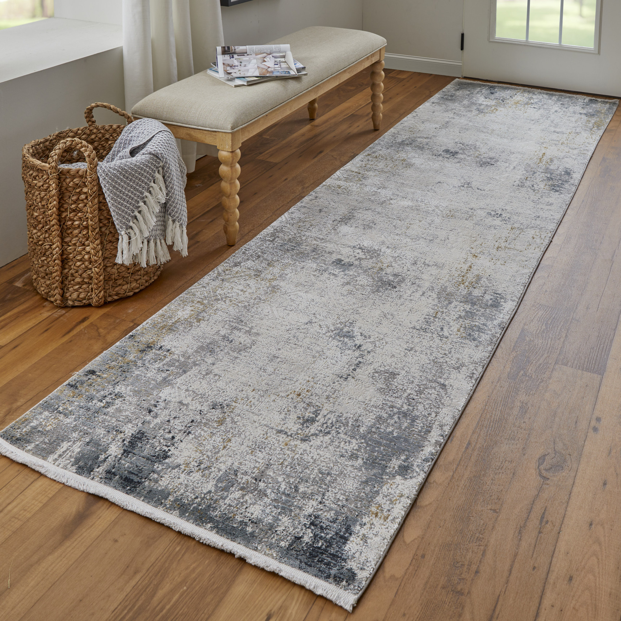 10" Ivory Taupe and Gray Abstract Power Loom Distressed Runner Rug With Fringe