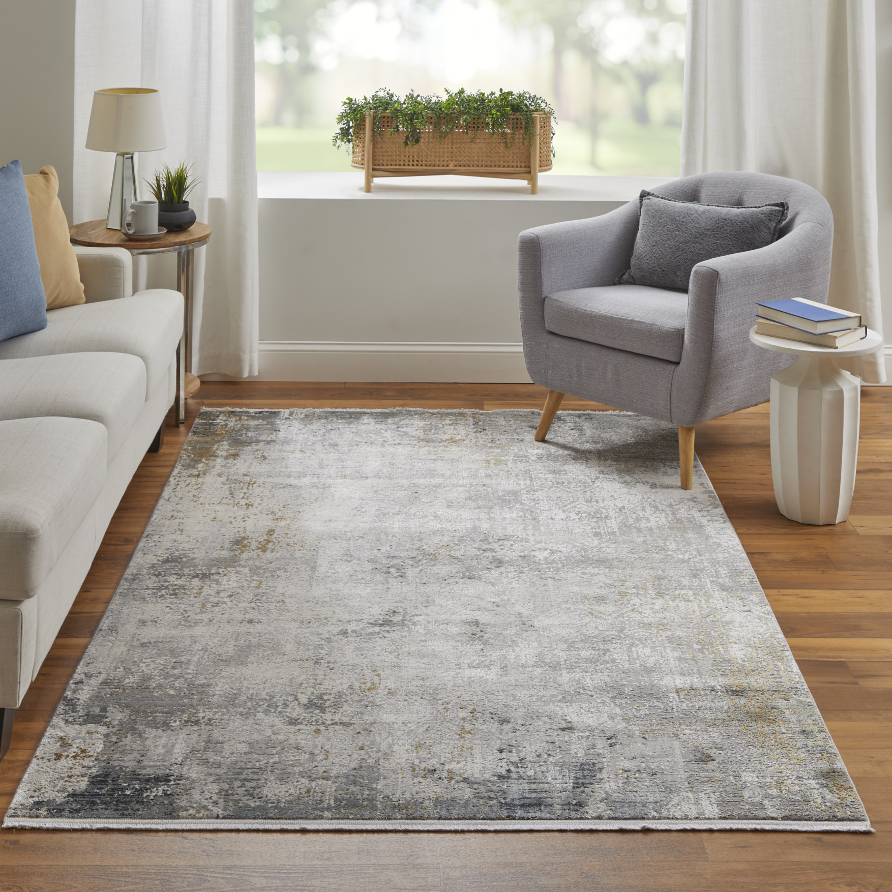 10" Ivory Taupe and Gray Abstract Power Loom Distressed Runner Rug With Fringe