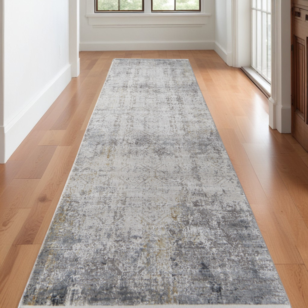 10" Ivory Taupe and Gray Abstract Power Loom Distressed Runner Rug With Fringe