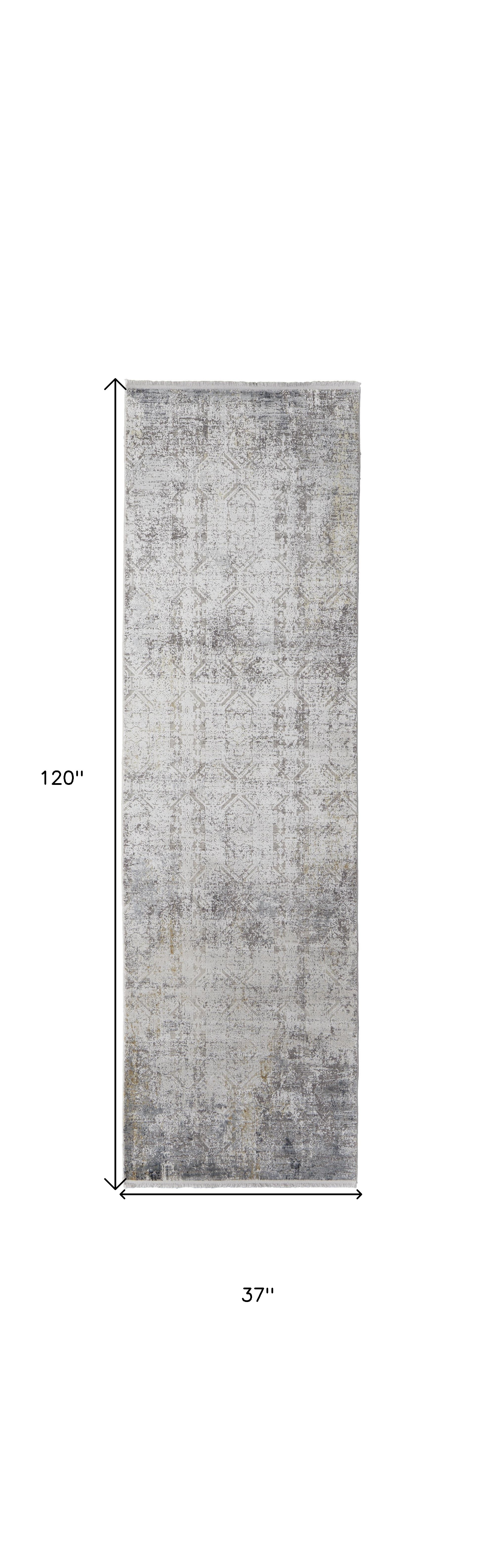 10" Ivory Taupe and Gray Abstract Power Loom Distressed Runner Rug With Fringe