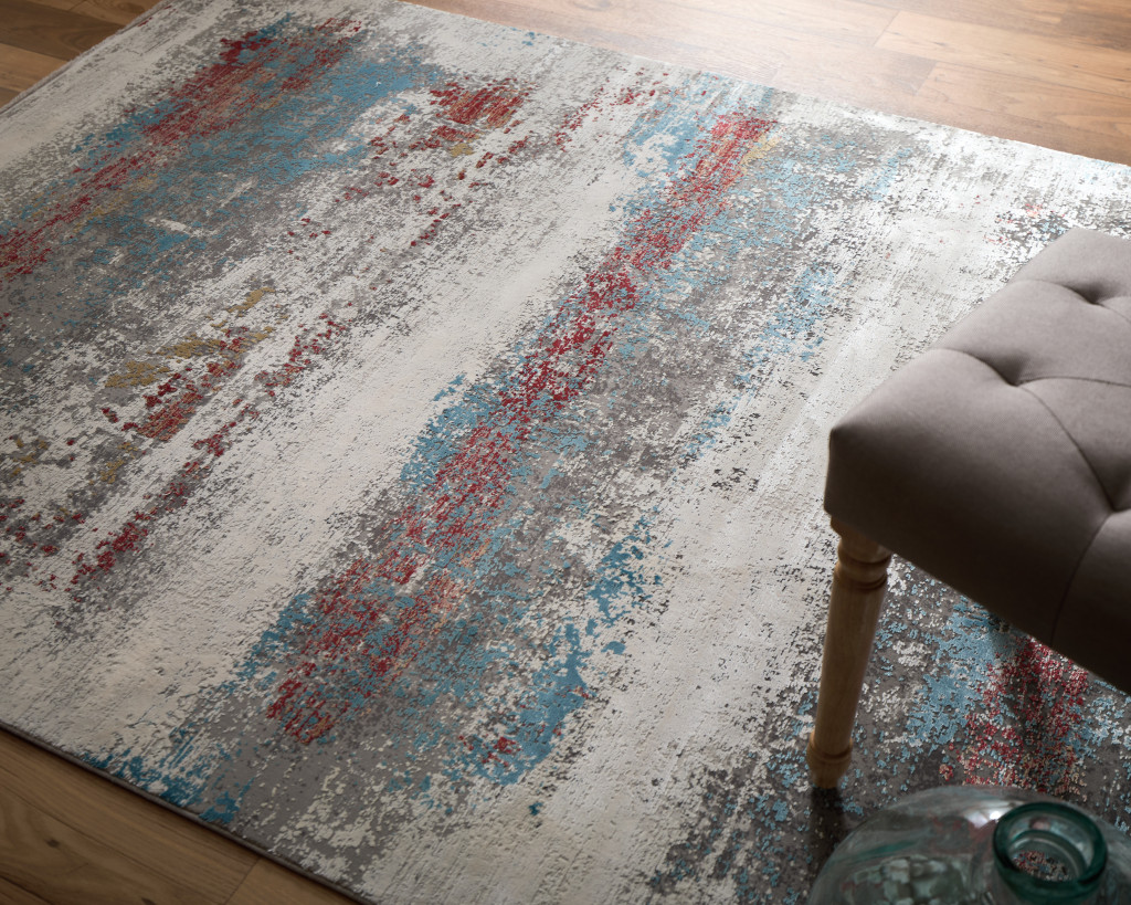5" X 8" Gray Blue and Red Abstract Power Loom Area Rug With Fringe