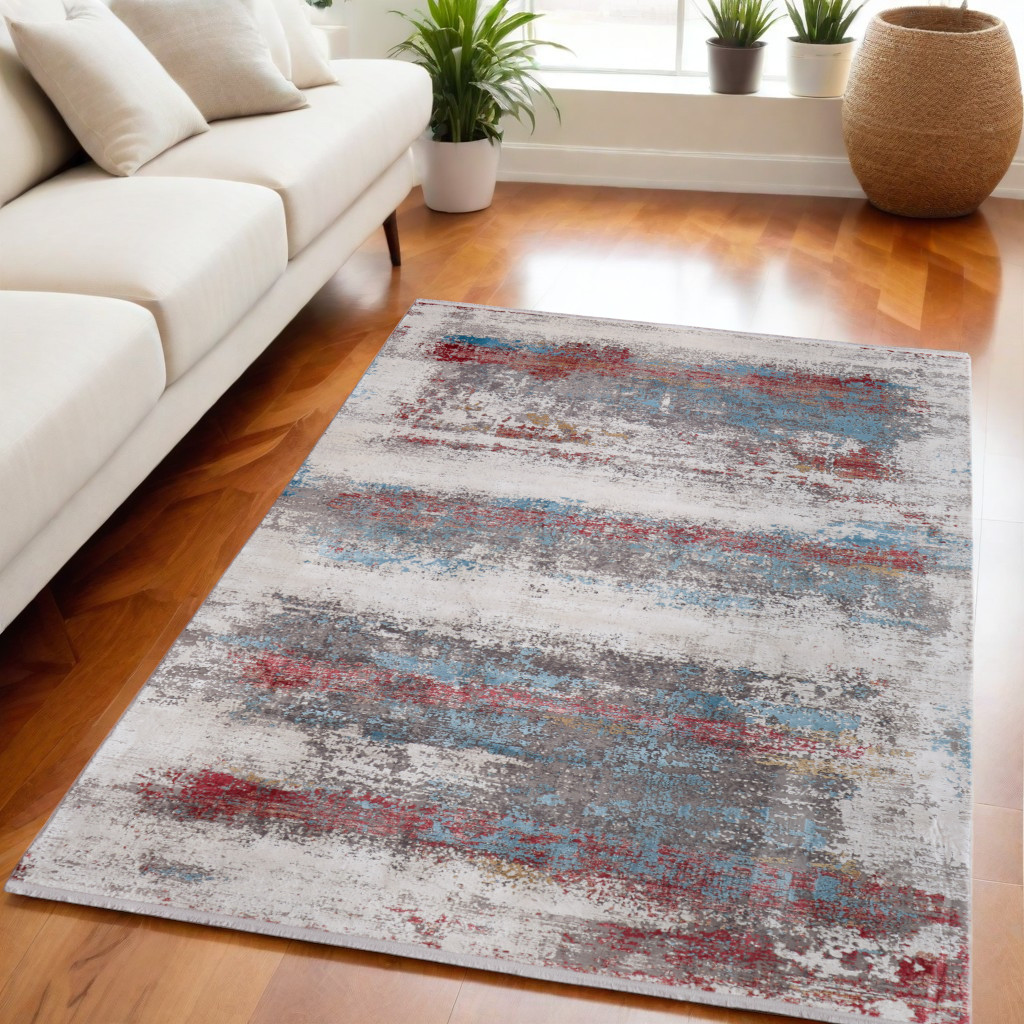 5" X 8" Gray Blue and Red Abstract Power Loom Area Rug With Fringe