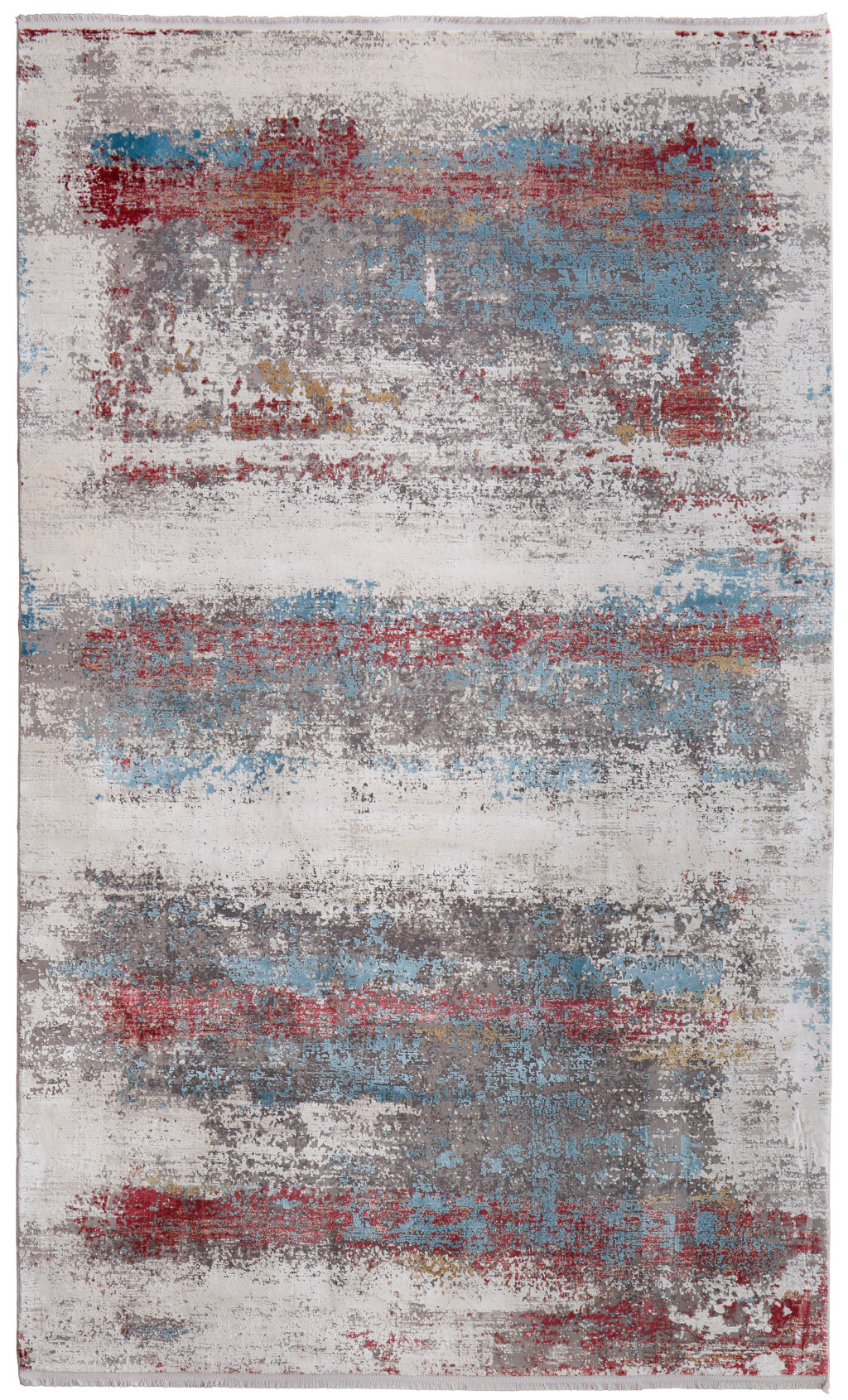 5" X 8" Gray Blue and Red Abstract Power Loom Area Rug With Fringe
