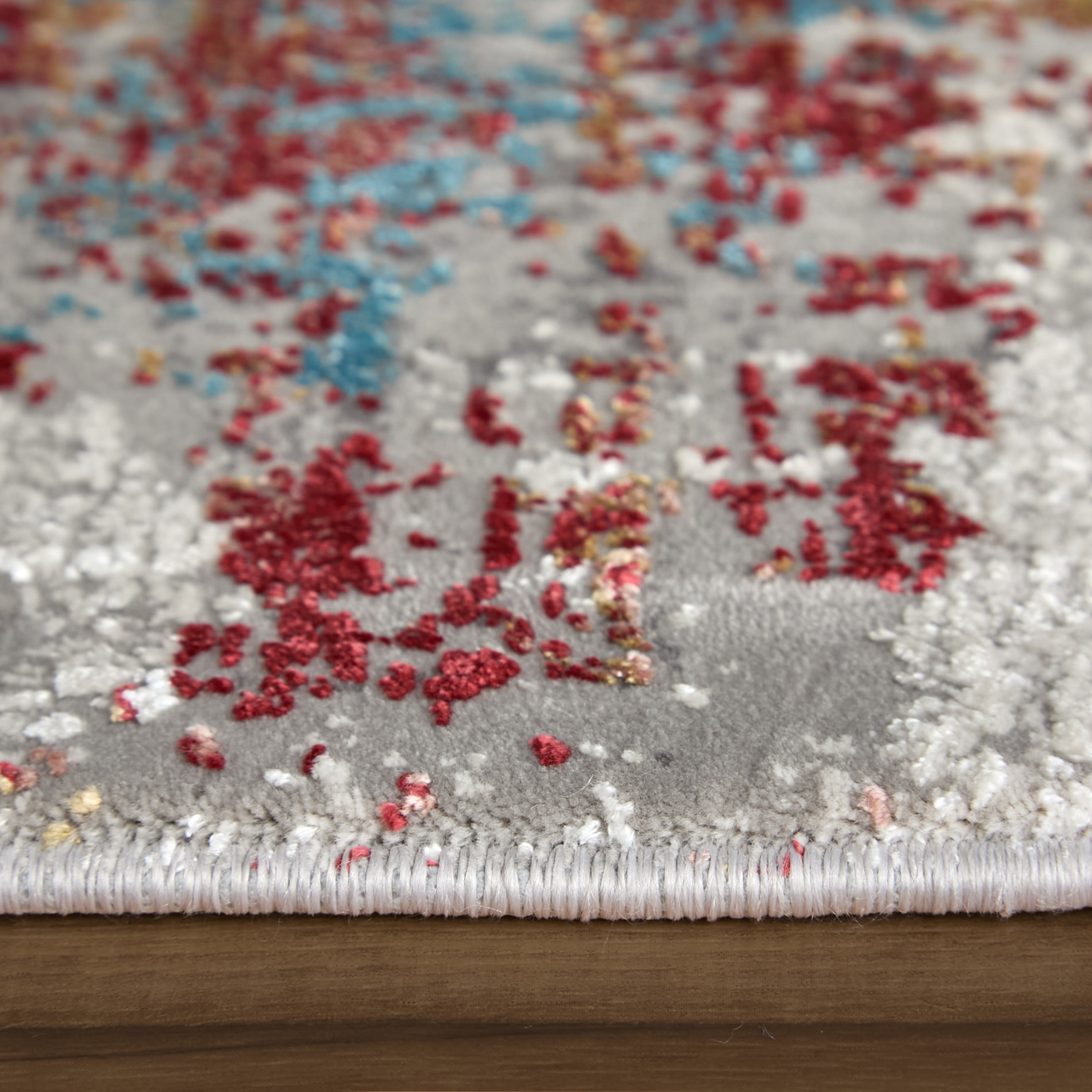 8" X 11" Gray Blue and Red Abstract Power Loom Area Rug With Fringe