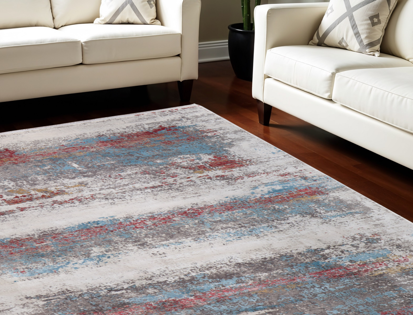 8" X 11" Gray Blue and Red Abstract Power Loom Area Rug With Fringe