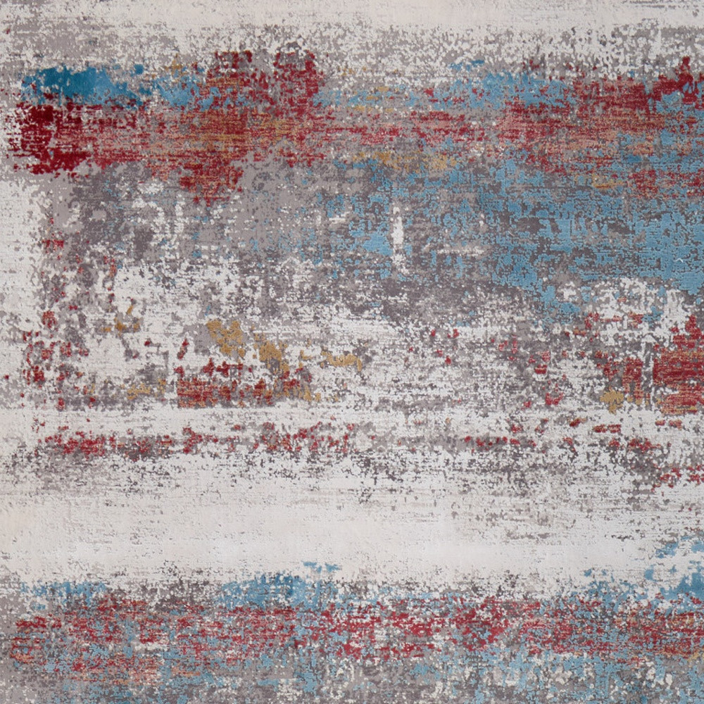 10" X 13" Gray Blue and Red Abstract Power Loom Area Rug With Fringe