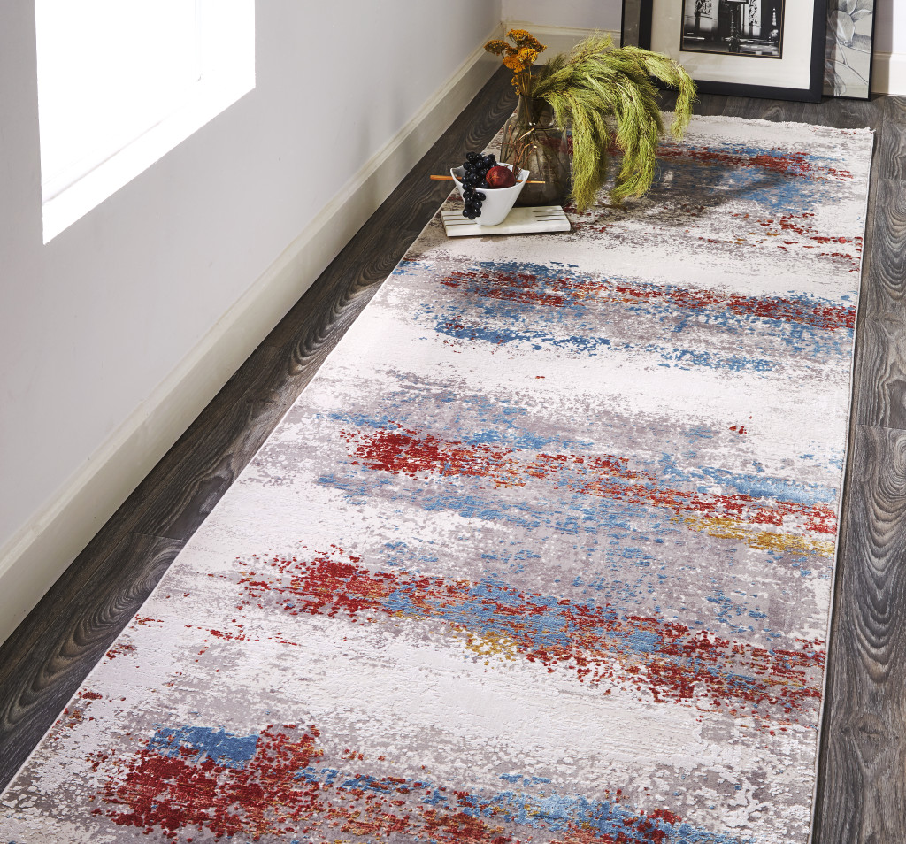 10" Gray Blue and Red Abstract Power Loom Runner Rug With Fringe