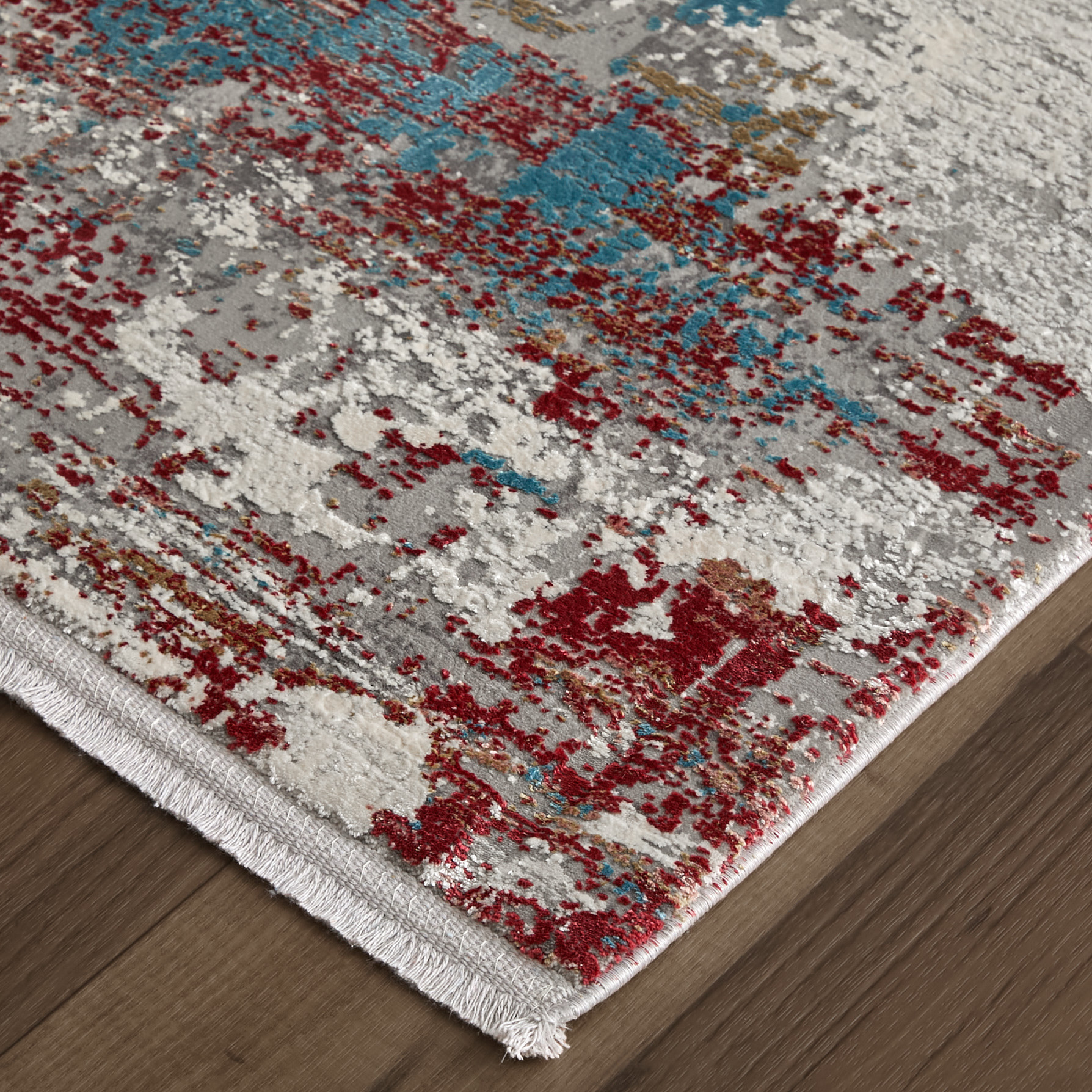 10" Gray Blue and Red Abstract Power Loom Runner Rug With Fringe