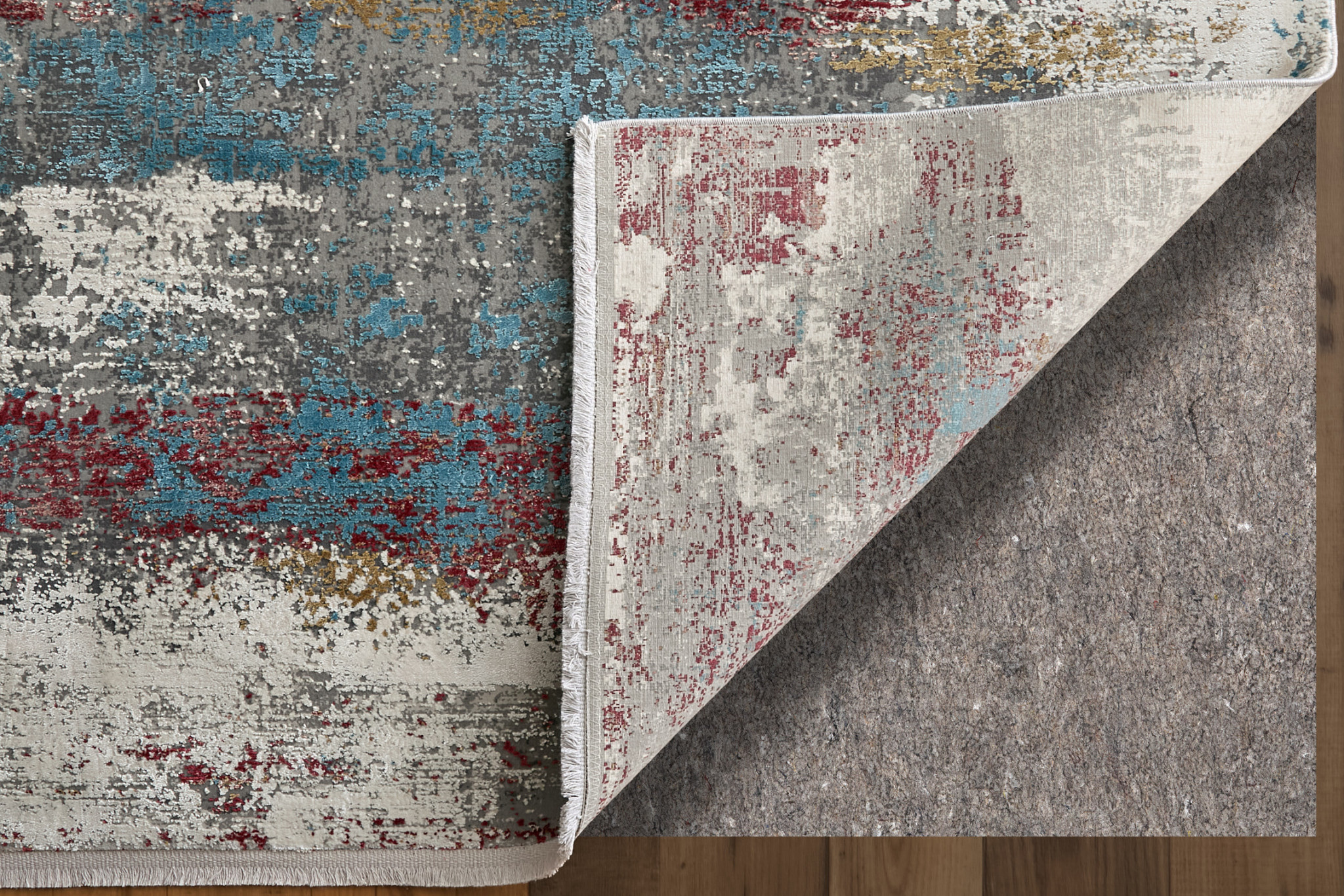 10" Gray Blue and Red Abstract Power Loom Runner Rug With Fringe