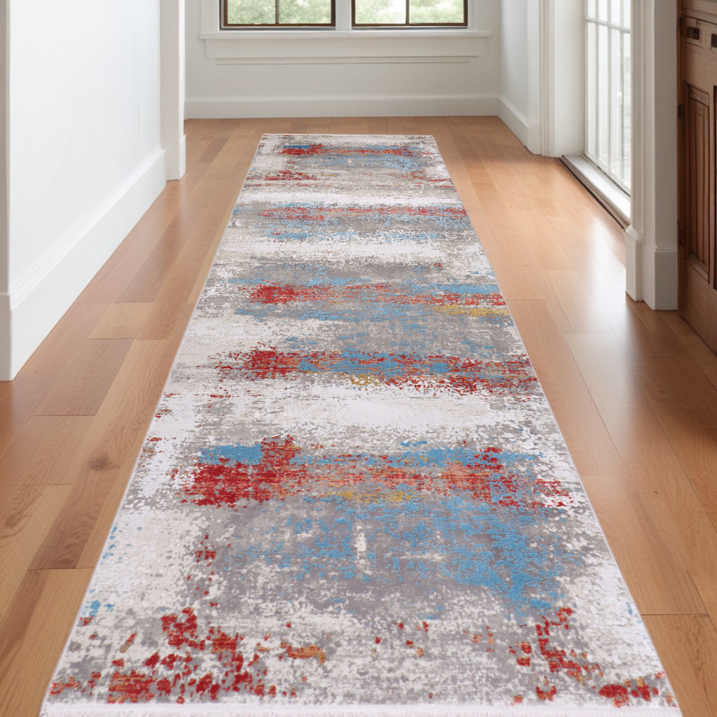 10" Gray Blue and Red Abstract Power Loom Runner Rug With Fringe