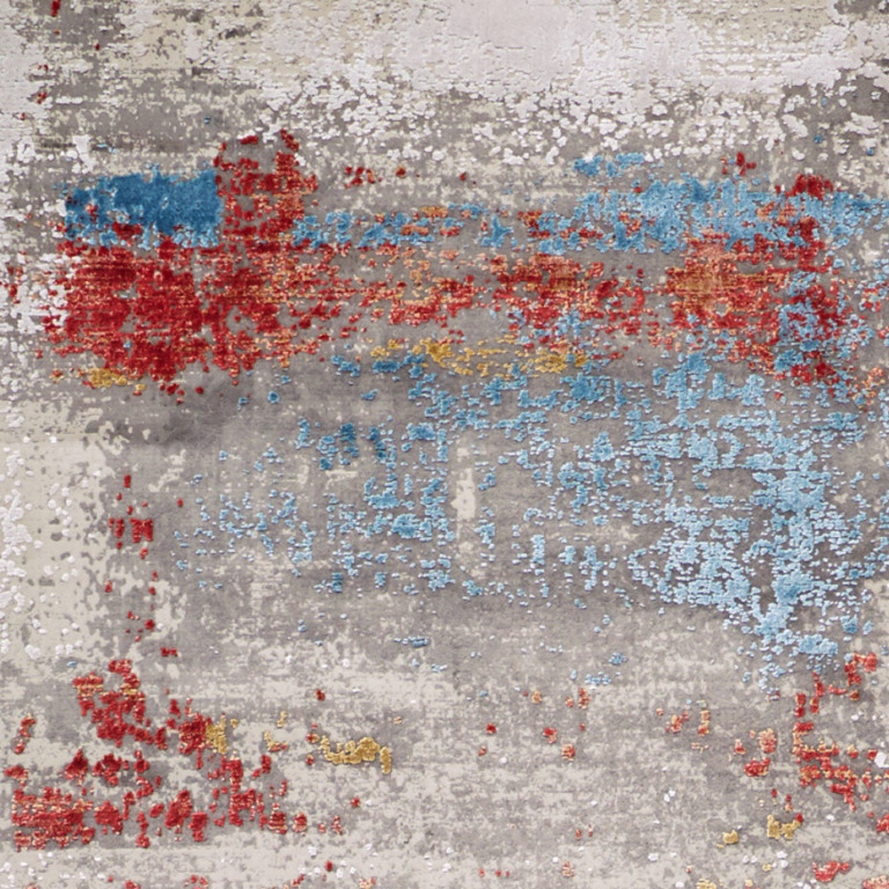10" Gray Blue and Red Abstract Power Loom Runner Rug With Fringe