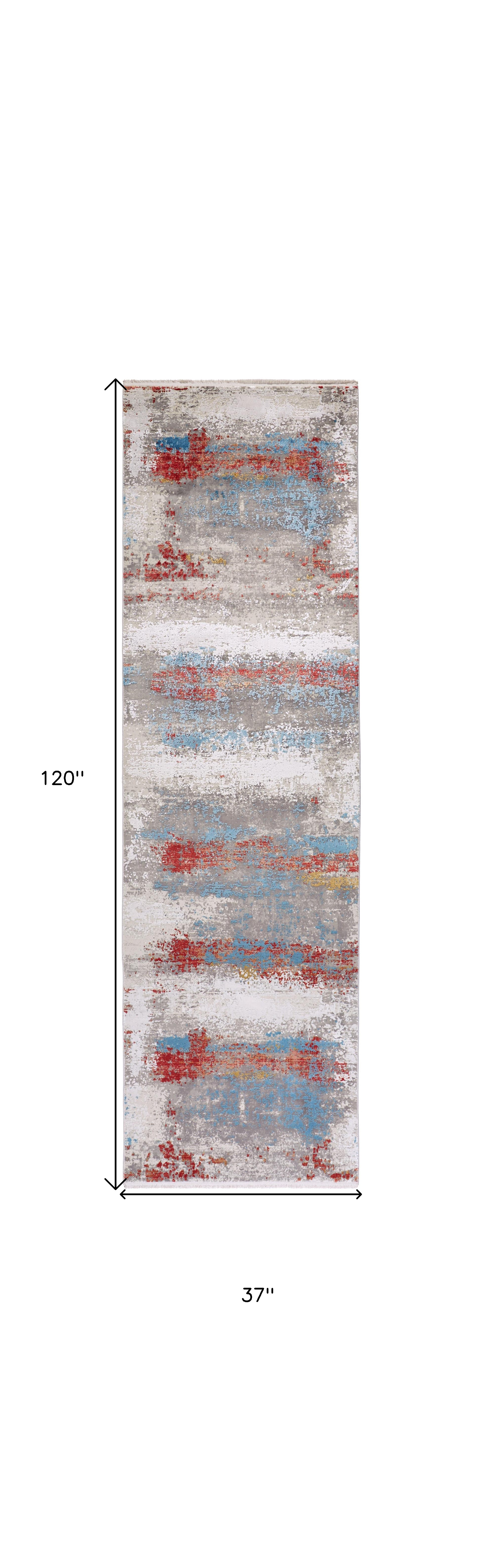 10" Gray Blue and Red Abstract Power Loom Runner Rug With Fringe
