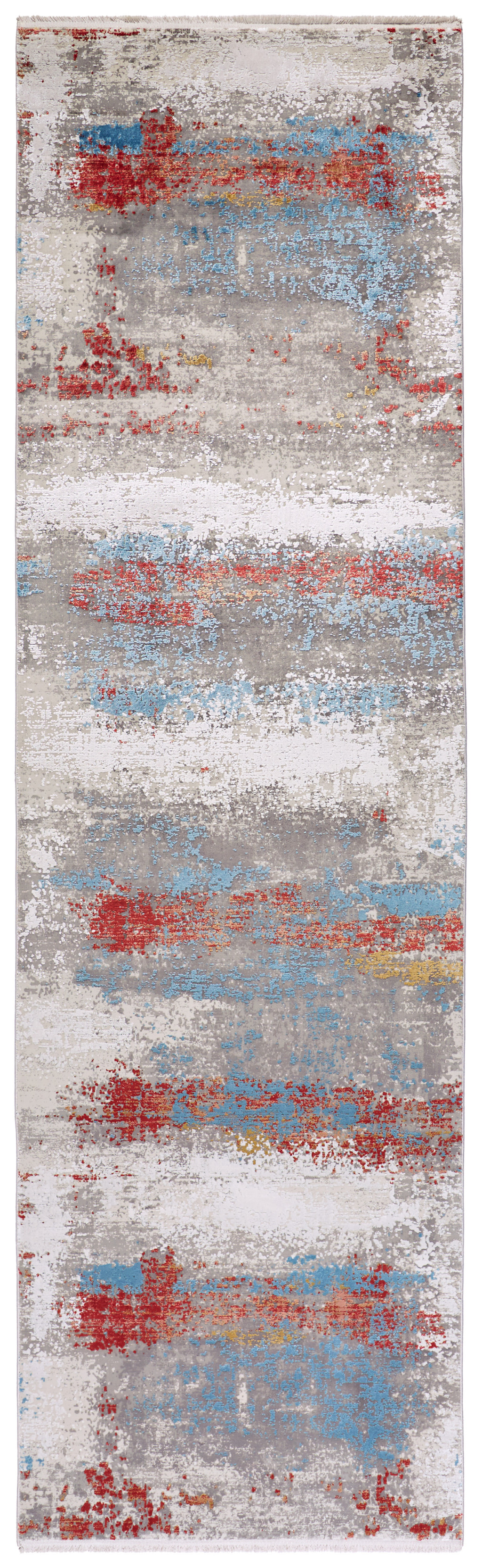 10" Gray Blue and Red Abstract Power Loom Runner Rug With Fringe