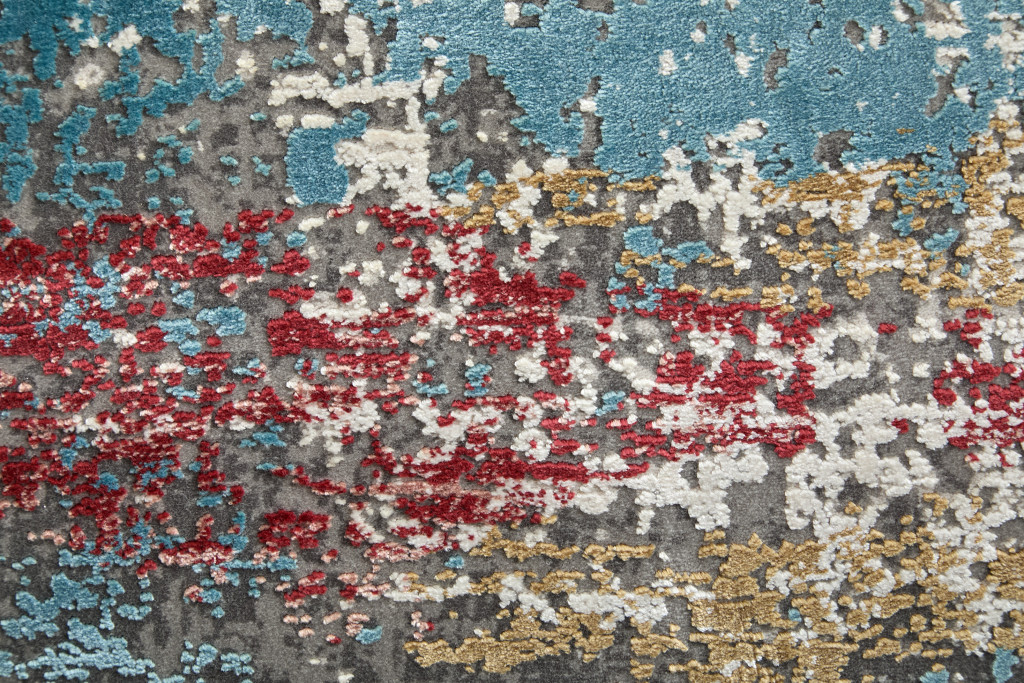 2" X 3" Gray Blue and Red Abstract Power Loom Area Rug With Fringe