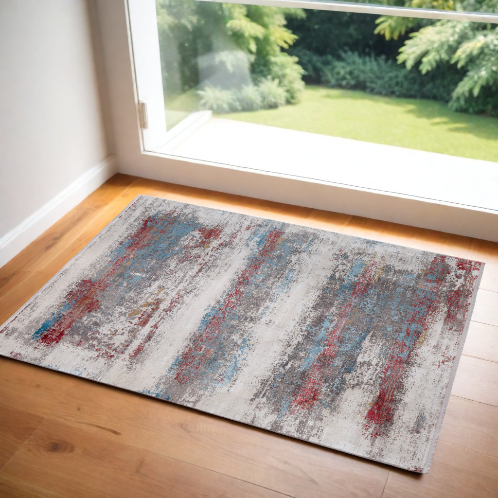 2" X 3" Gray Blue and Red Abstract Power Loom Area Rug With Fringe