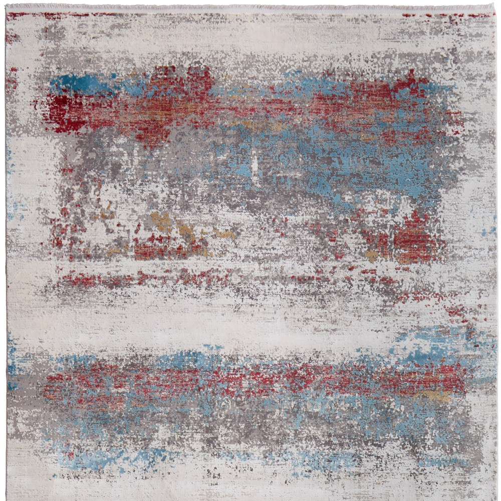 2" X 3" Gray Blue and Red Abstract Power Loom Area Rug With Fringe
