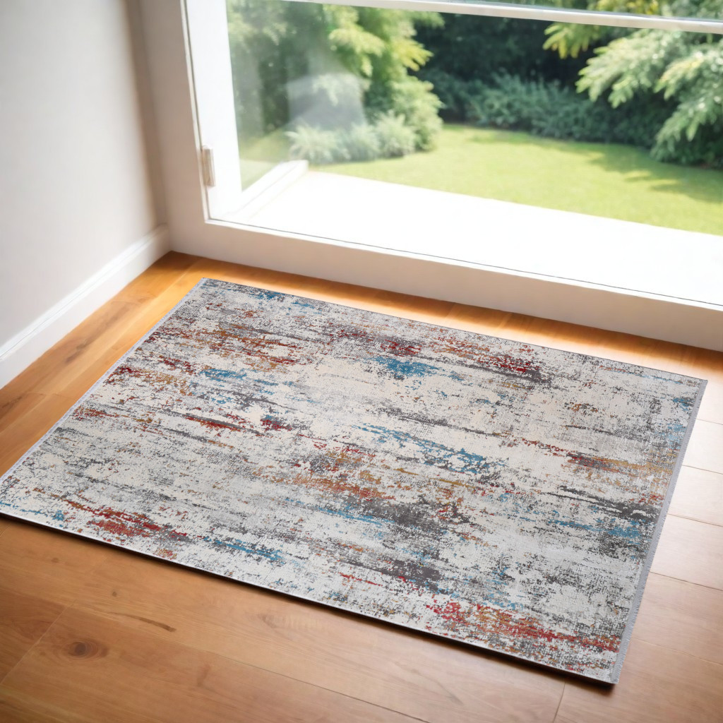 3" X 5" Gray Blue and Red Abstract Power Loom Area Rug With Fringe