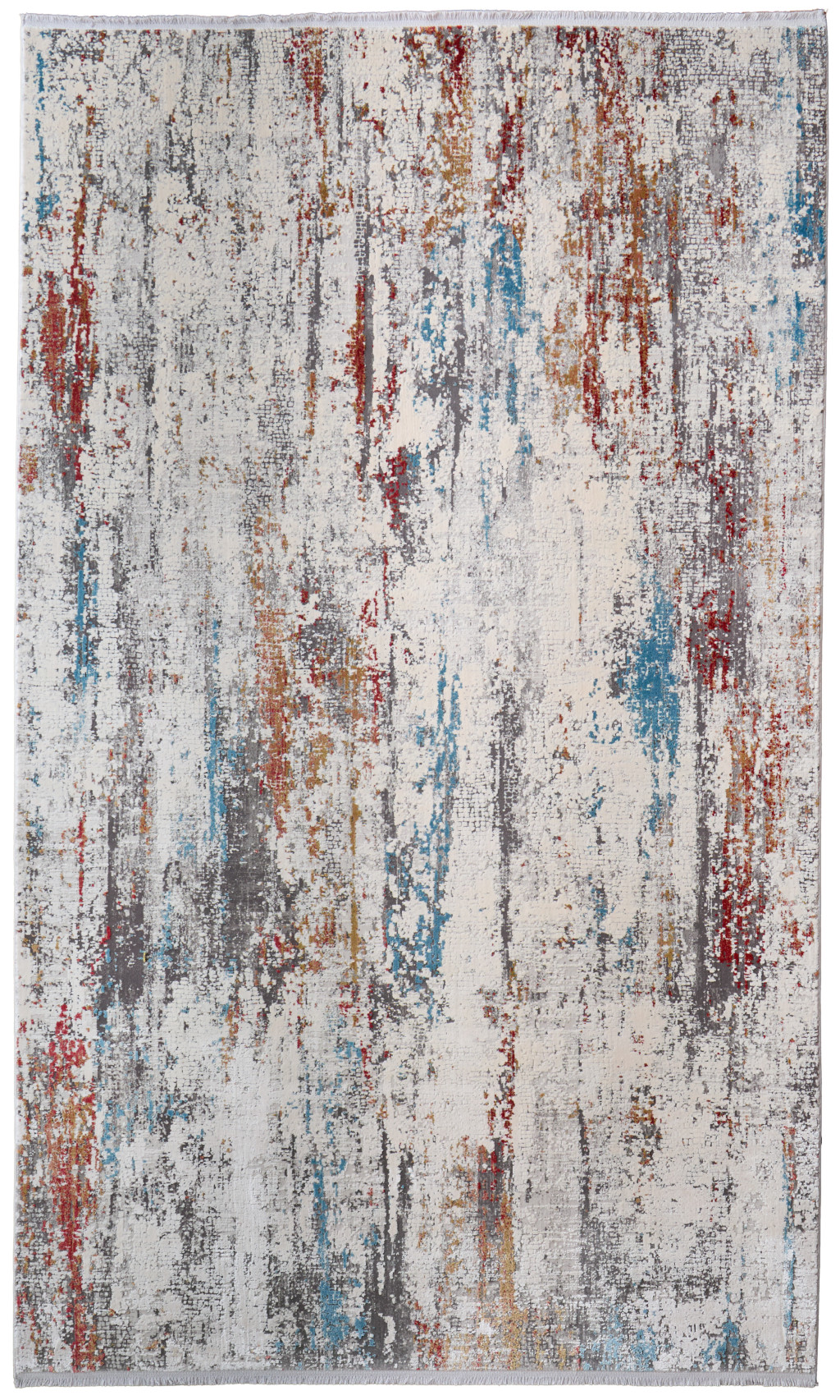 3" X 5" Gray Blue and Red Abstract Power Loom Area Rug With Fringe