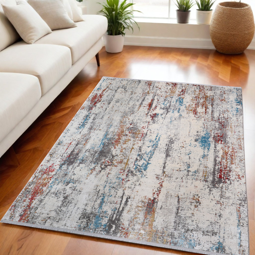 5" X 8" Gray Blue and Red Abstract Power Loom Area Rug With Fringe