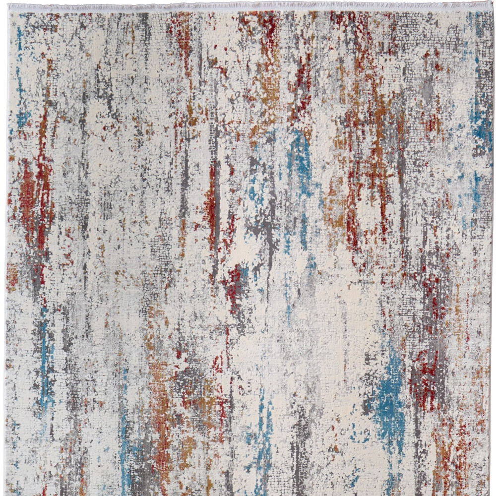 5" X 8" Gray Blue and Red Abstract Power Loom Area Rug With Fringe
