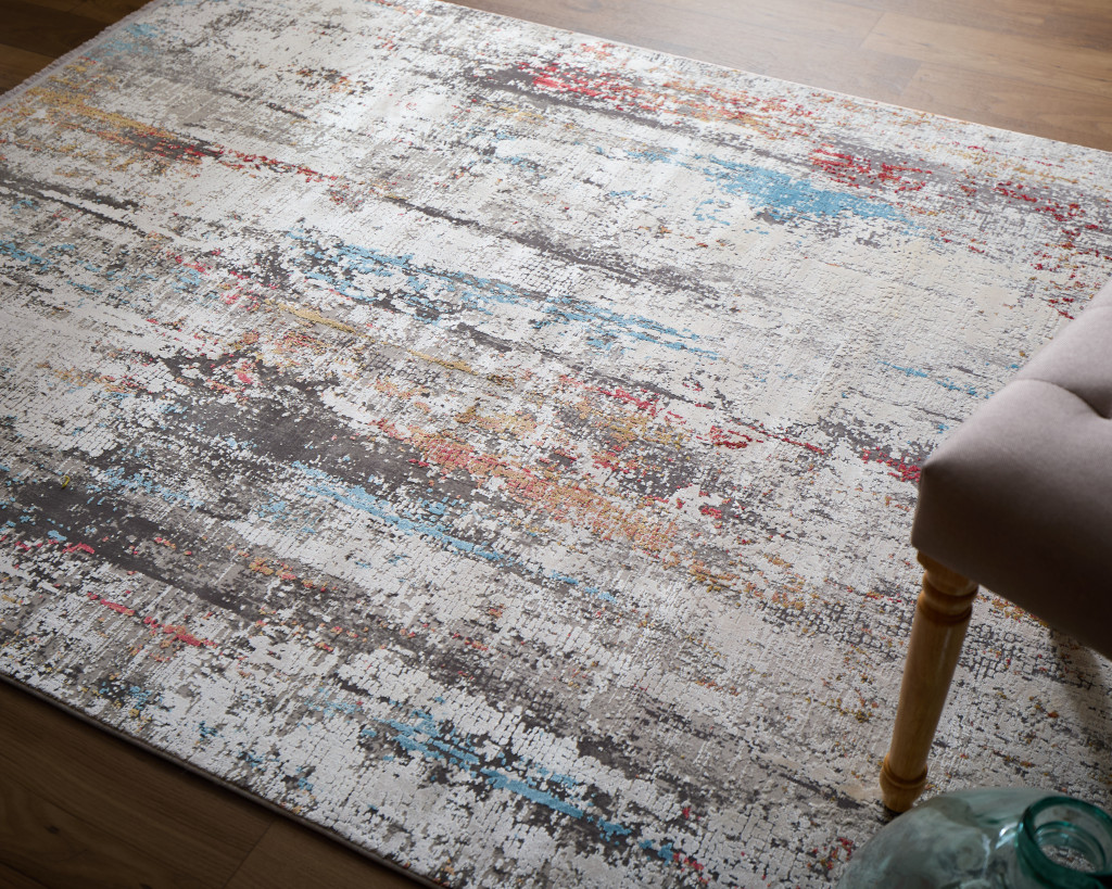 7" X 10" Gray Blue and Red Abstract Power Loom Area Rug With Fringe