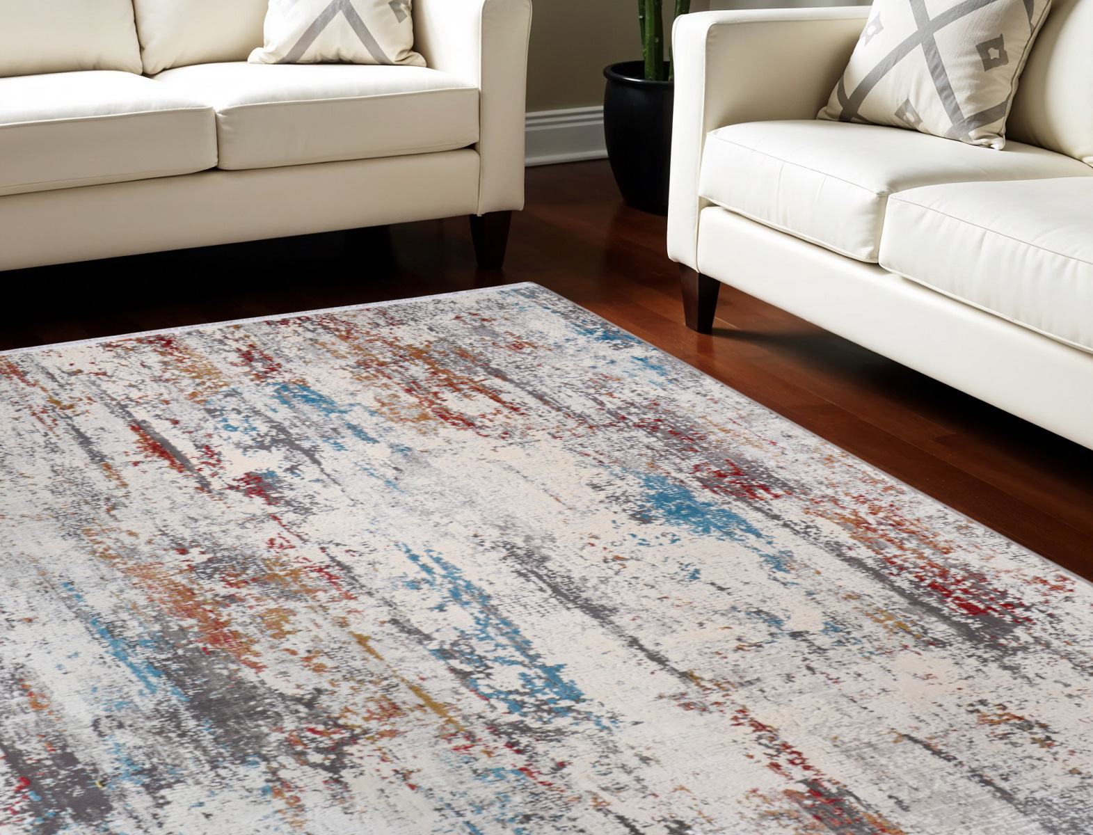 8" X 11" Gray Blue and Red Abstract Power Loom Area Rug With Fringe