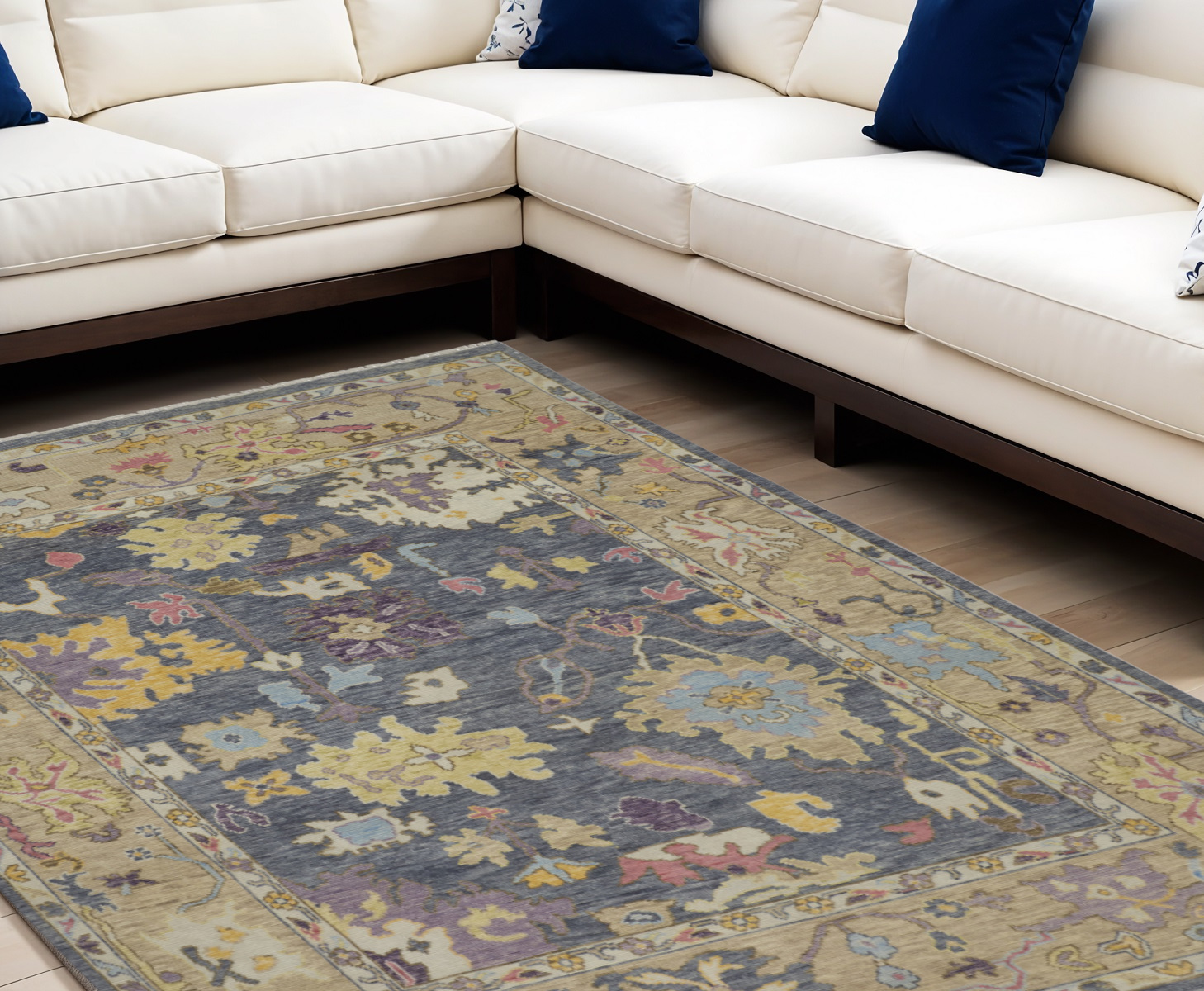 6" X 9" Gold Blue and Purple Wool Oriental Hand Knotted Area Rug With Fringe