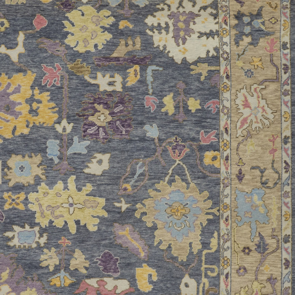 6" X 9" Gold Blue and Purple Wool Oriental Hand Knotted Area Rug With Fringe