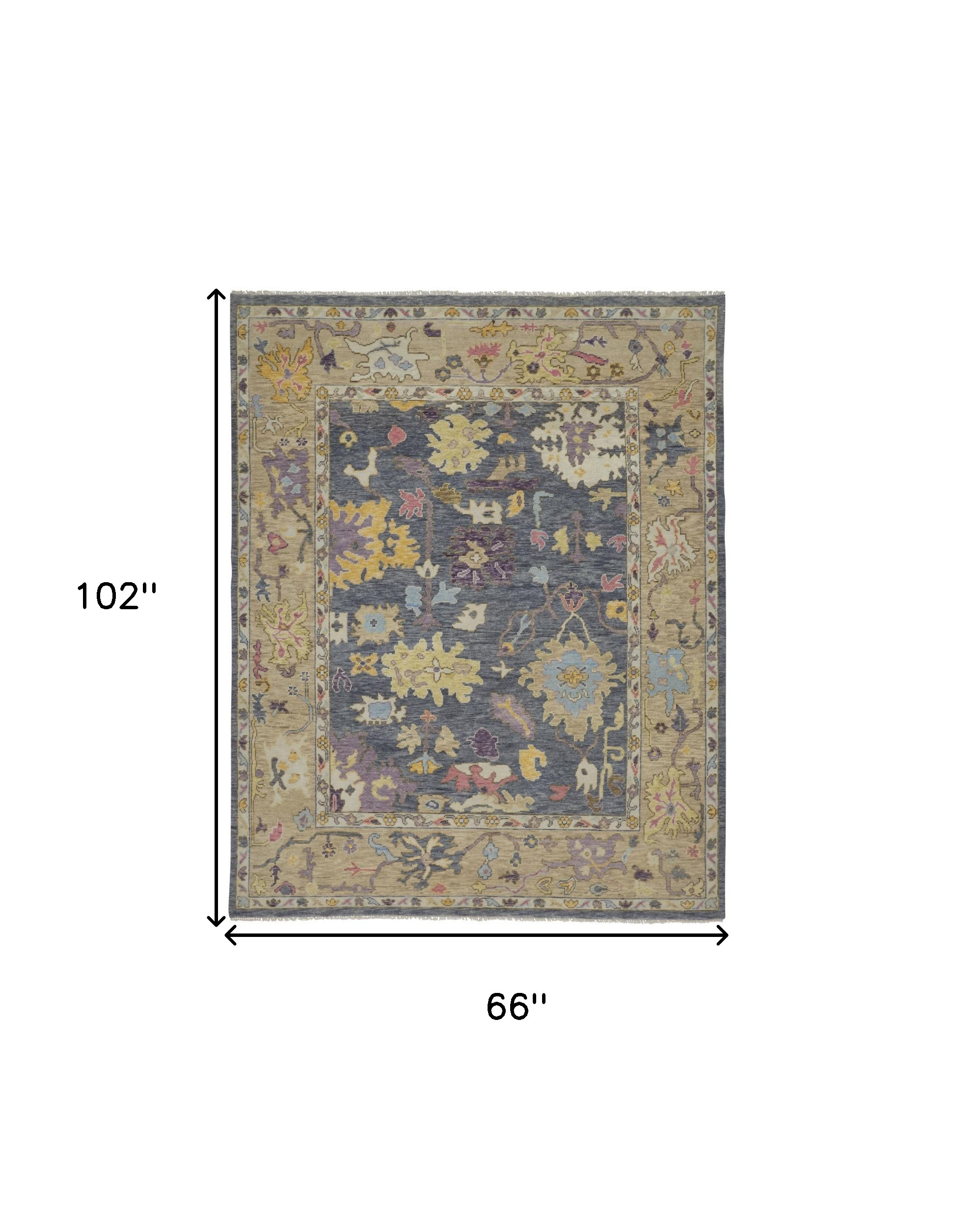 6" X 9" Gold Blue and Purple Wool Oriental Hand Knotted Area Rug With Fringe