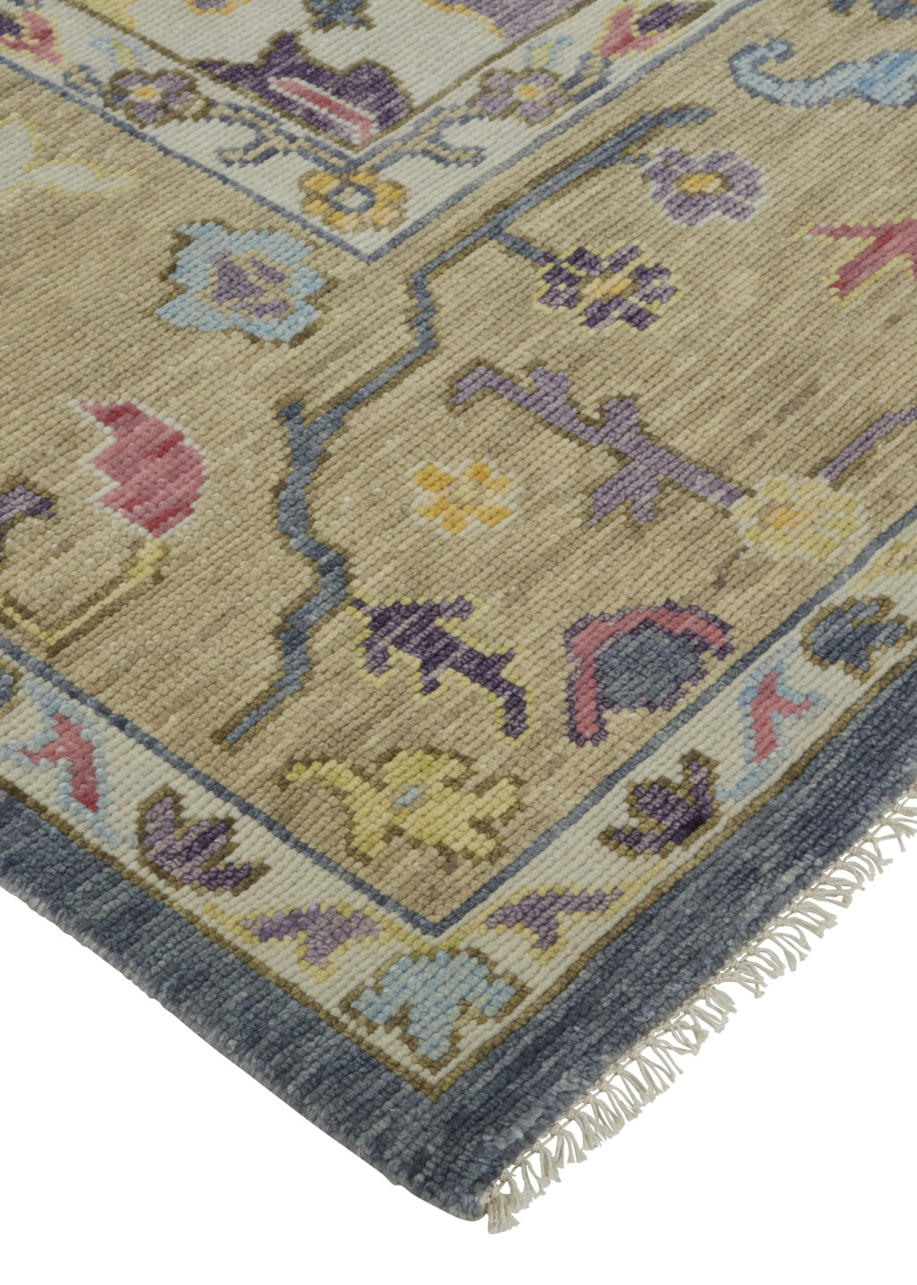 2" X 3" Gold Blue and Purple Wool Oriental Hand Knotted Area Rug With Fringe
