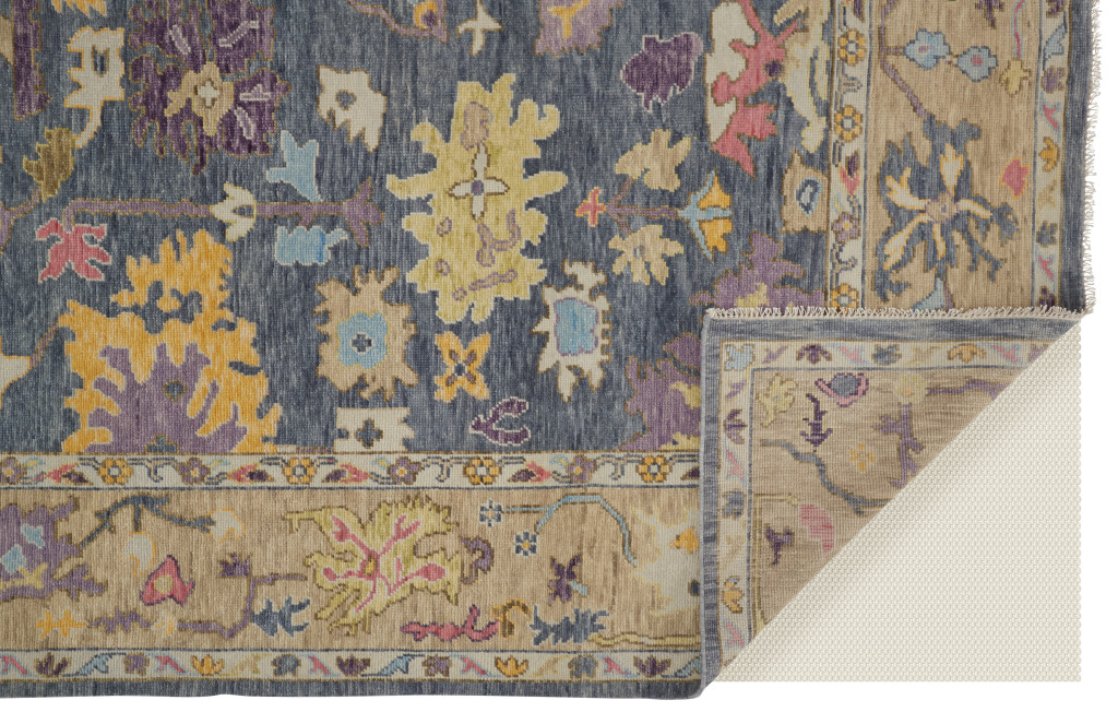 2" X 3" Gold Blue and Purple Wool Oriental Hand Knotted Area Rug With Fringe