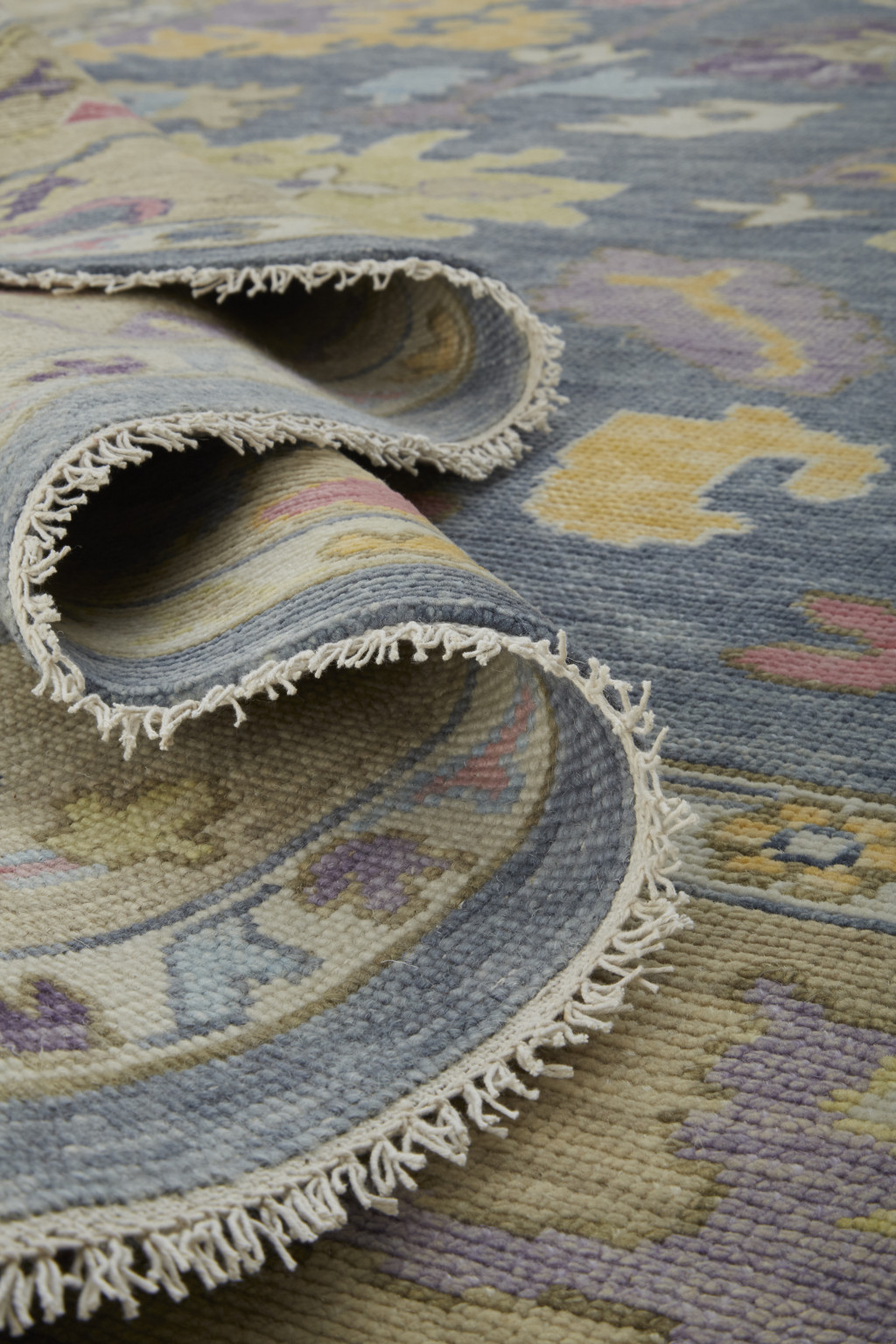 2" X 3" Gold Blue and Purple Wool Oriental Hand Knotted Area Rug With Fringe