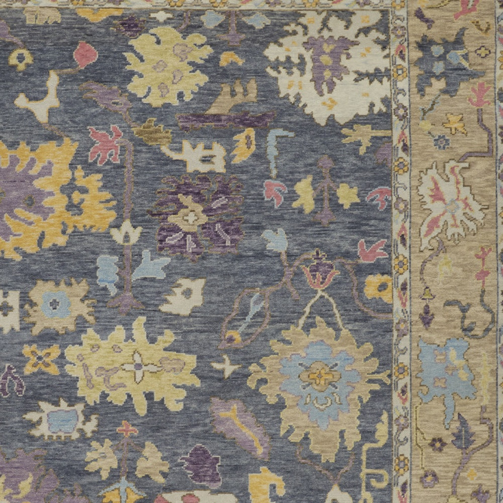 2" X 3" Gold Blue and Purple Wool Oriental Hand Knotted Area Rug With Fringe