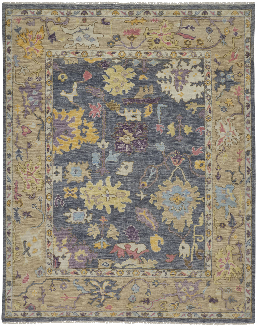 2" X 3" Gold Blue and Purple Wool Oriental Hand Knotted Area Rug With Fringe
