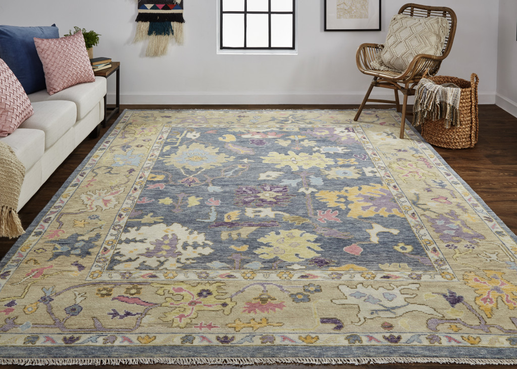 2" X 3" Gold Blue and Purple Wool Oriental Hand Knotted Area Rug With Fringe
