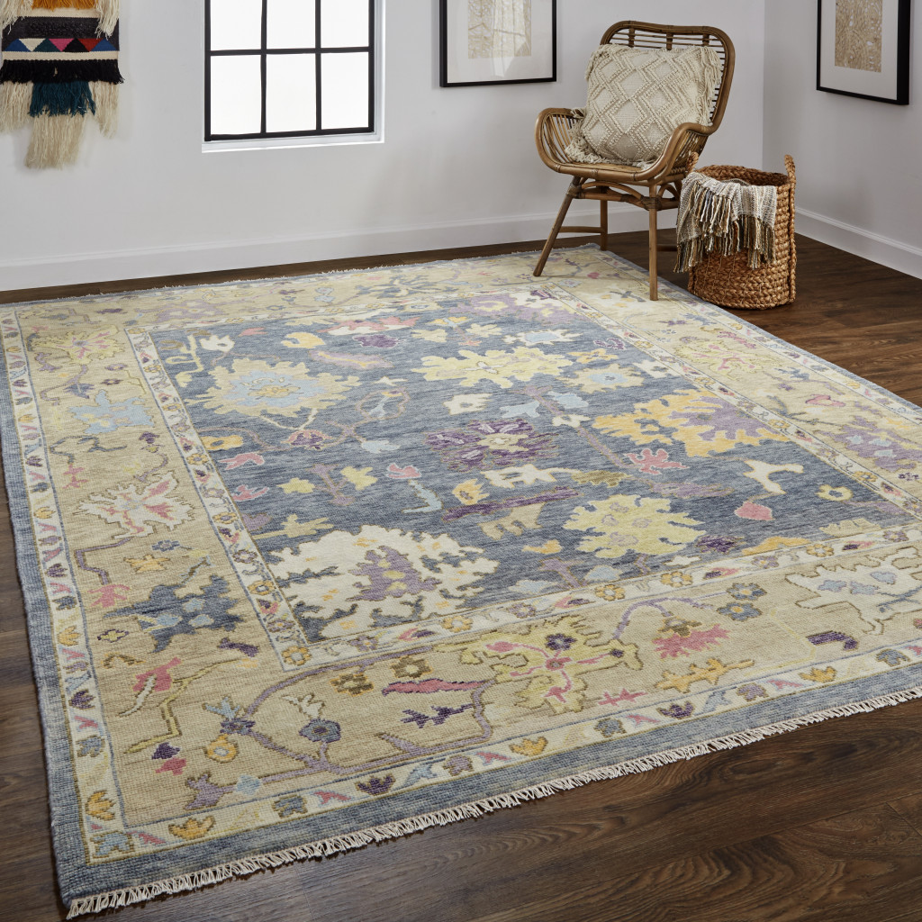 2" X 3" Gold Blue and Purple Wool Oriental Hand Knotted Area Rug With Fringe