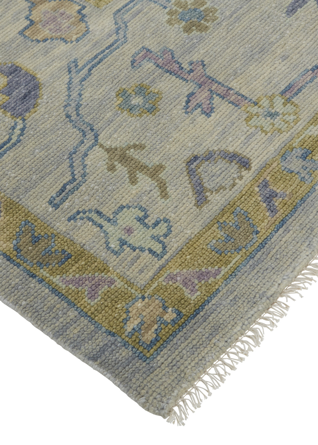 2" X 3" Purple Gray and Gold Wool Oriental Hand Knotted Area Rug With Fringe