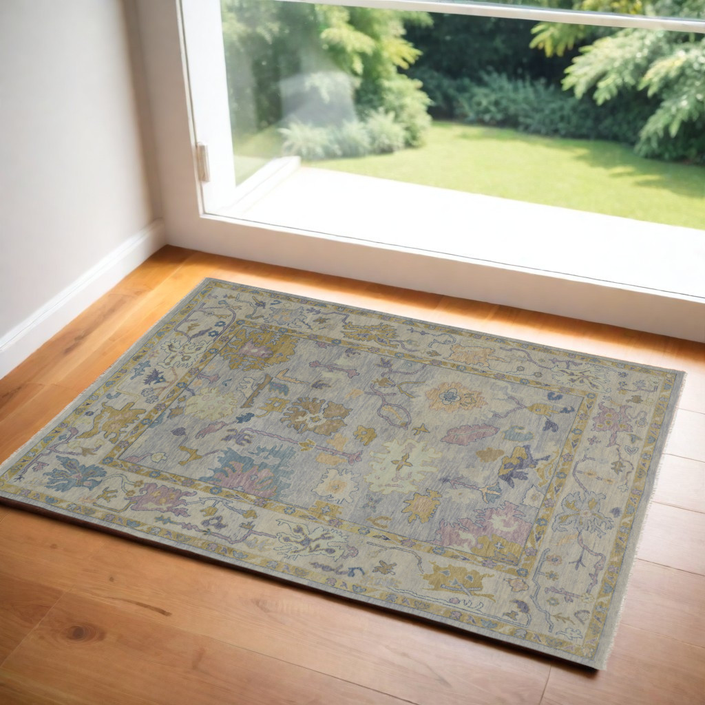 2" X 3" Purple Gray and Gold Wool Oriental Hand Knotted Area Rug With Fringe