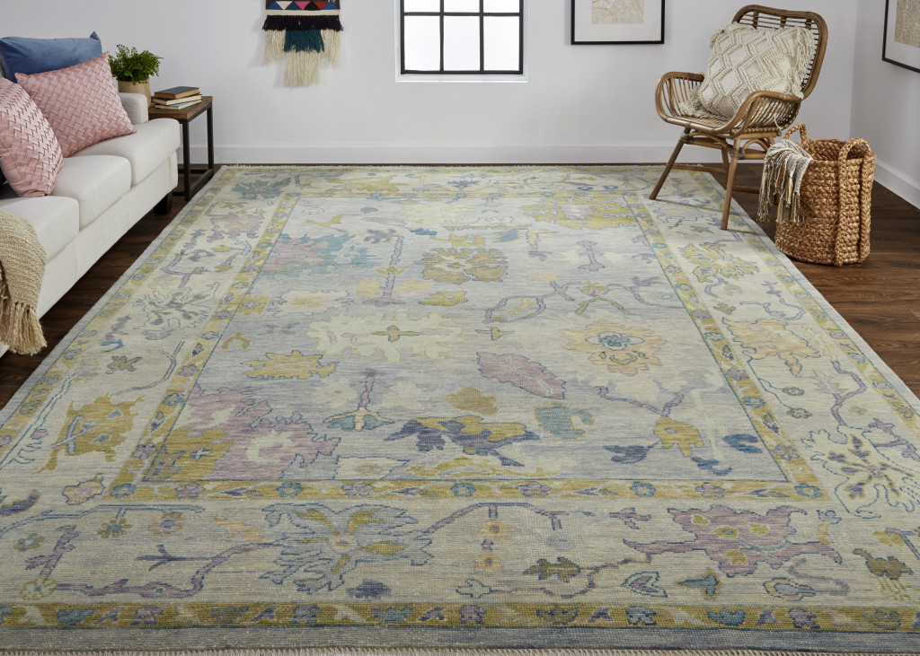 2" X 3" Purple Gray and Gold Wool Oriental Hand Knotted Area Rug With Fringe