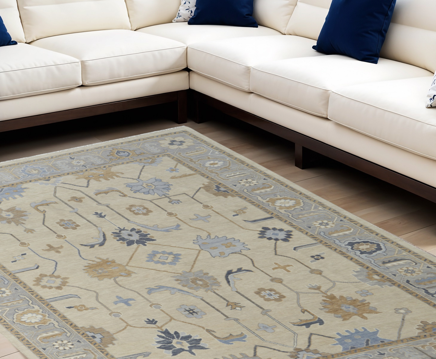 8' X 12' Gray Ivory and Blue Wool Floral Hand Knotted Area Rug With Fringe-566295-1