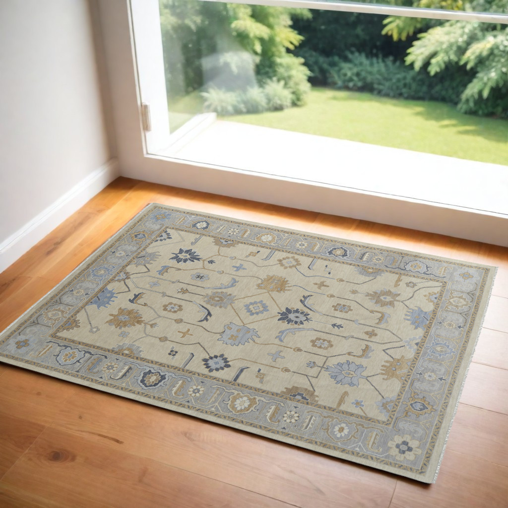 2' X 3' Gray Ivory and Blue Wool Floral Hand Knotted Area Rug With Fringe-566297-1