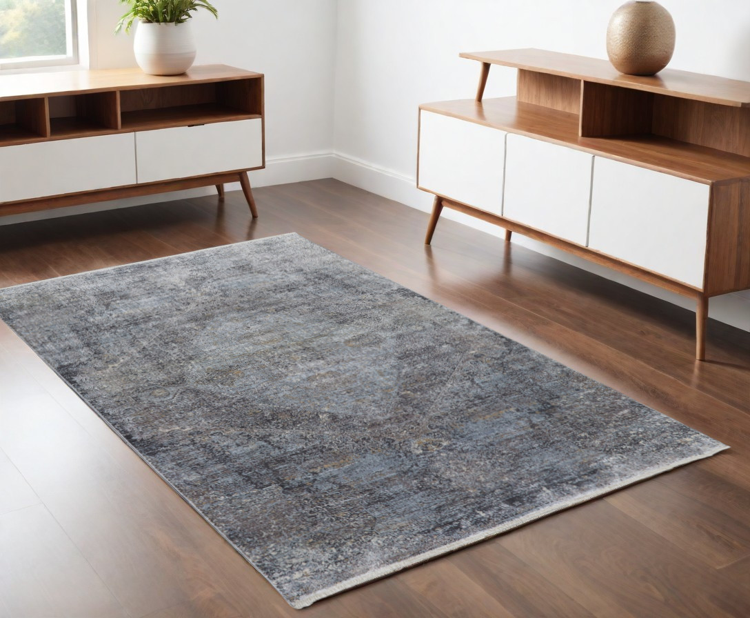 4" X 5" Gray and Silver Abstract Power Loom Worn Faded Area Rug