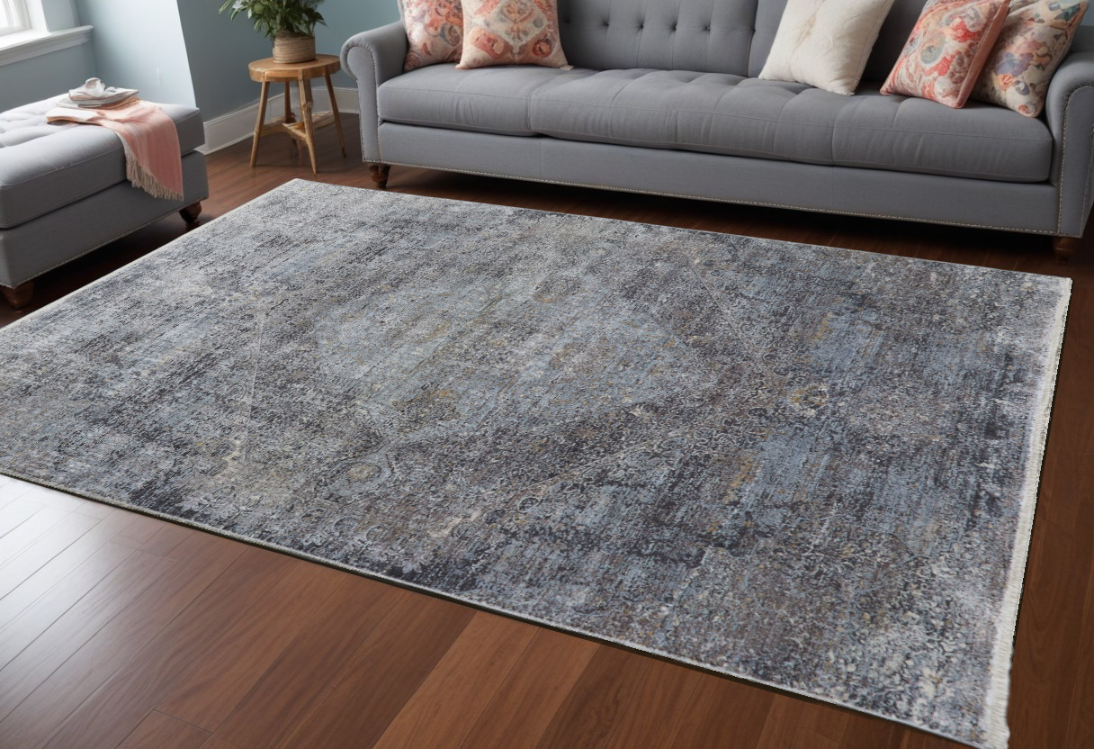 7" X 10" Gray and Silver Abstract Power Loom Worn Faded Area Rug