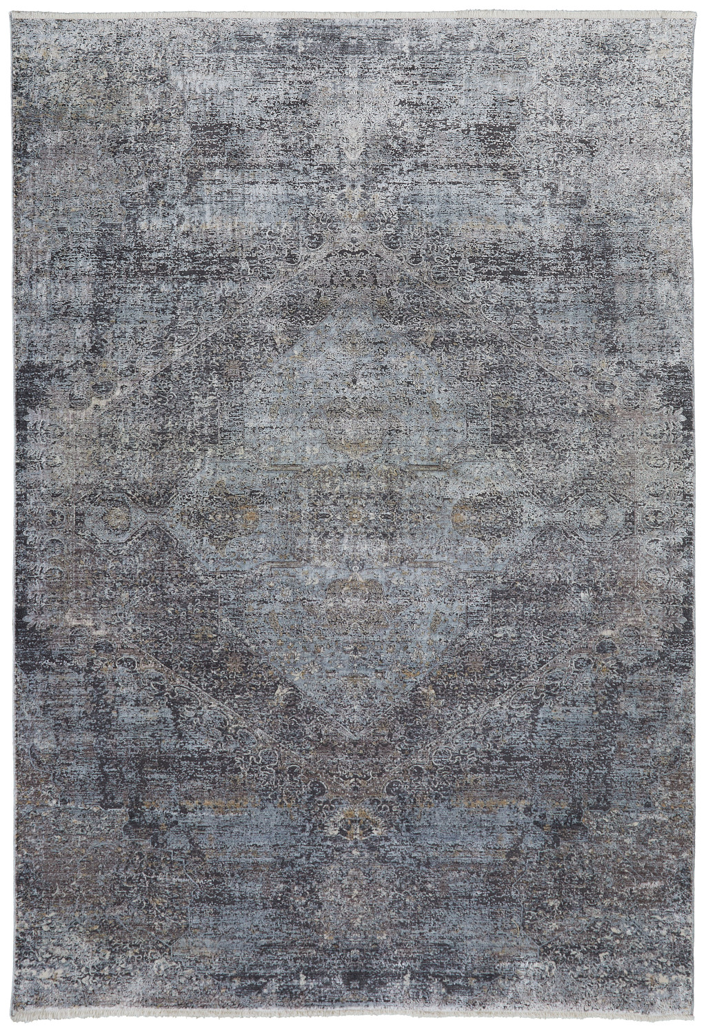 7" X 10" Gray and Silver Abstract Power Loom Worn Faded Area Rug