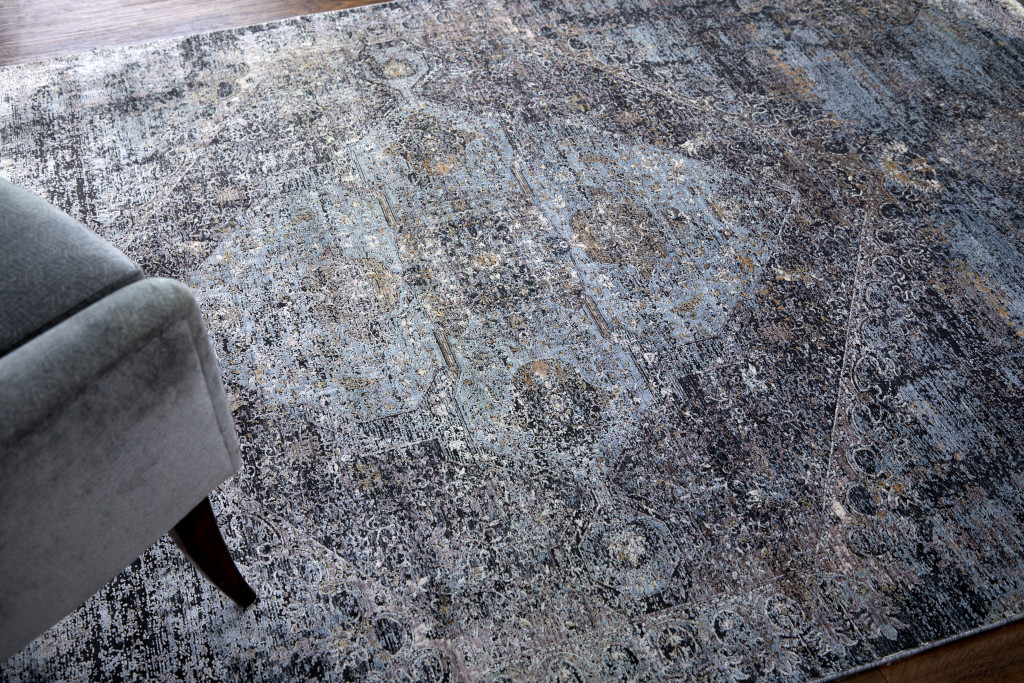 7" X 10" Gray and Silver Abstract Power Loom Worn Faded Area Rug