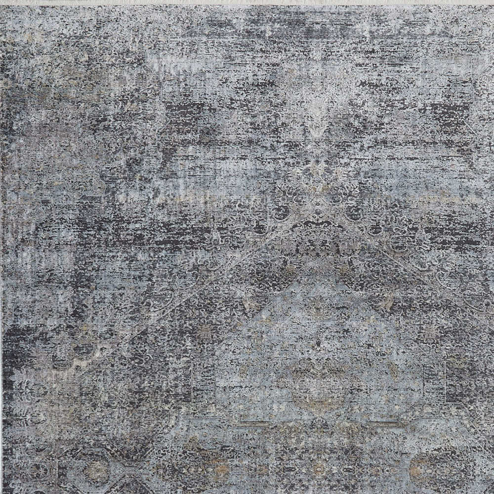 9" X 13" Gray and Silver Abstract Power Loom Worn Faded Area Rug