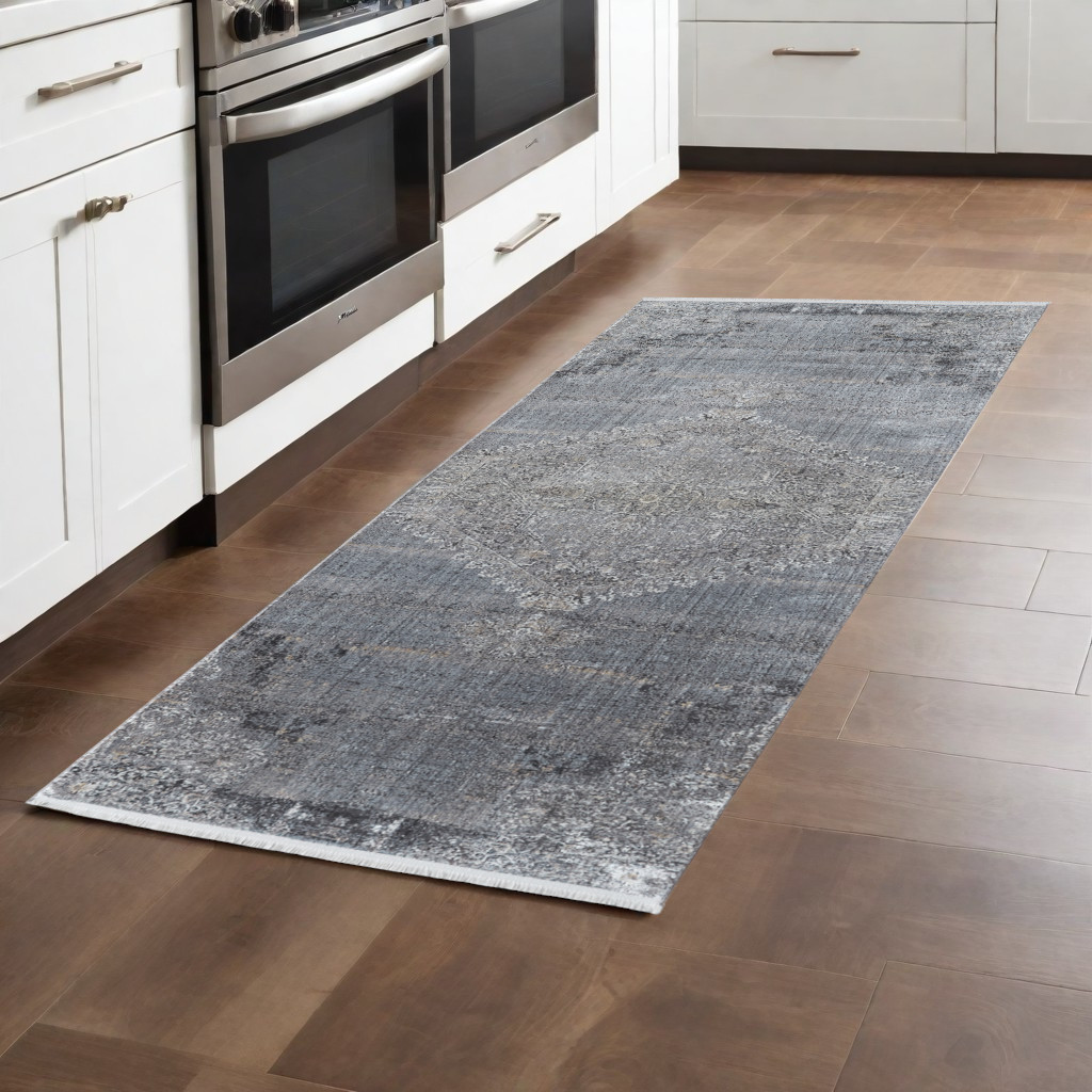 8" Gray and Silver Abstract Power Loom Worn Faded Runner Rug