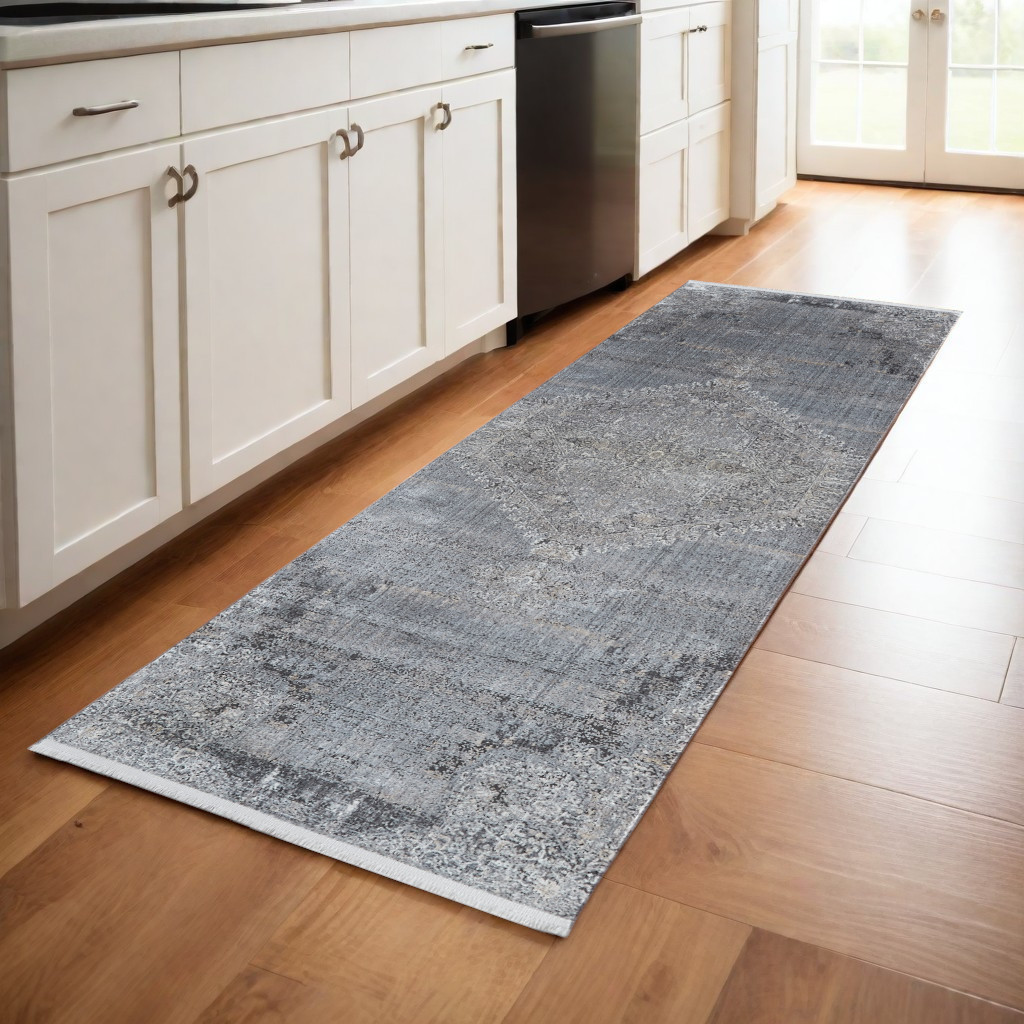 8" Gray and Silver Abstract Power Loom Worn Faded Runner Rug
