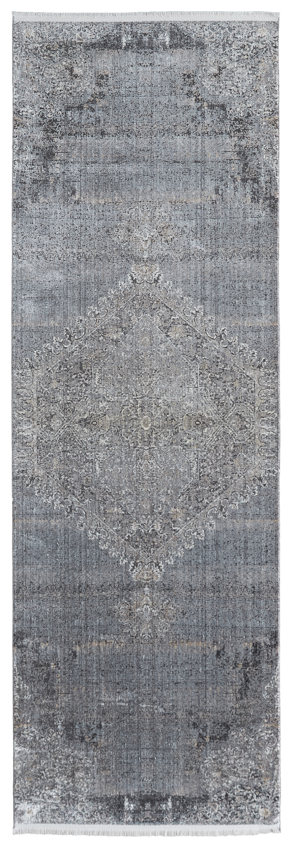 8" Gray and Silver Abstract Power Loom Worn Faded Runner Rug
