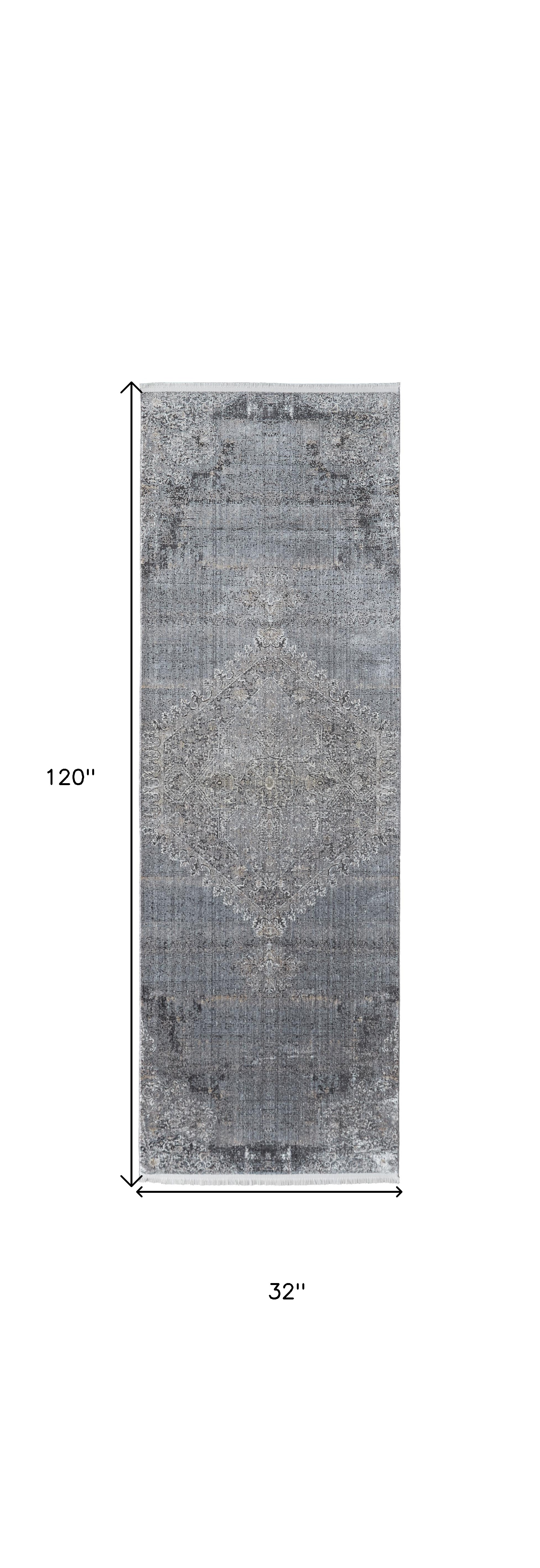 8" Gray and Silver Abstract Power Loom Worn Faded Runner Rug